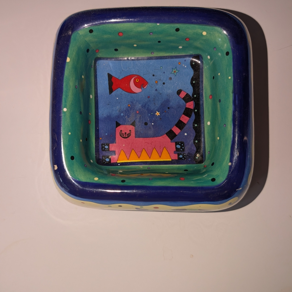 Vintage Milson & Louis Cat Bowl Hand Painted Ceramic Fish Whimsical 2002